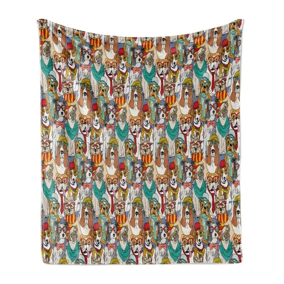 Dog Soft Flannel Fleece Throw Blanket, Hipster Bulldog Schnauzer Pug Breeds Glasses Hats Scarf Pattern Colorful Cartoon, Cozy Plush for Indoor and Outdoor Use, 70" x 90", Multicolor, by Ambesonne