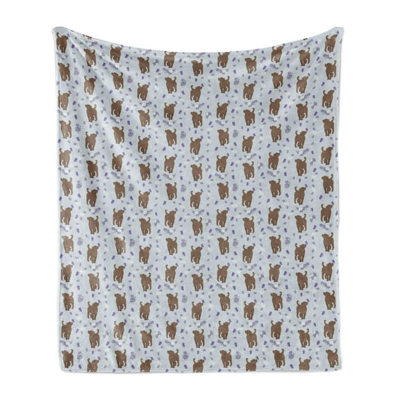Dog Soft Flannel Fleece Throw Blanket, Illustration of Puppies Butterflies and Flowers, Cozy Plush for Indoor and Outdoor Use, 50" x 70", Pale Blue Brown, by Ambesonne