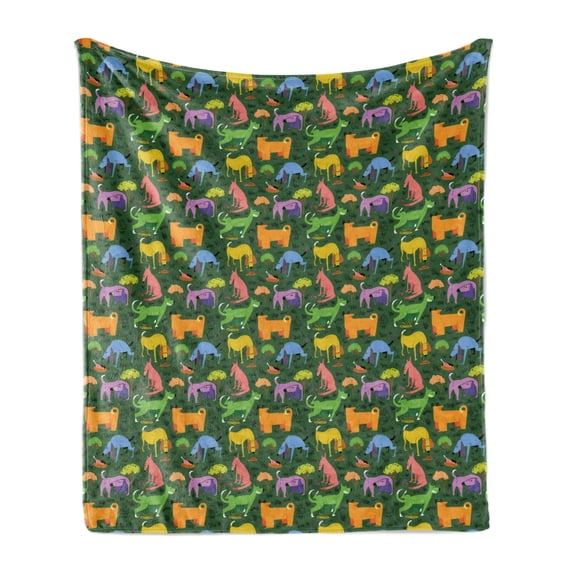 Dog Soft Flannel Fleece Throw Blanket, Illustration of Various Colorful Animals Assorted Cartoon Style Pets, Cozy Plush for Indoor and Outdoor Use, 60" x 80", Hunter Green Multicolor, by Ambesonne