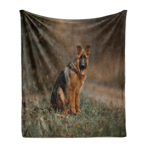 Dog Soft Flannel Fleece Throw Blanket, Portrait of a Young German Shepherd in an Autumn Park, Cozy Plush for Indoor and Outdoor Use, 50" x 60", Sepia Grey, by Ambesonne