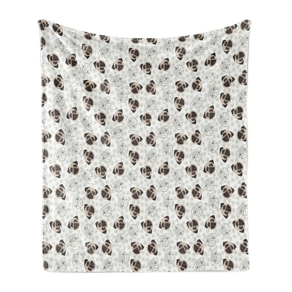 Dog Soft Flannel Fleece Throw Blanket, Pug Portraits Traces Paw Print Background Canine Pet Illustration Mammal Animal, Cozy Plush for Indoor and Outdoor Use, 50" x 60", Beige Brown Tan, by Ambesonne