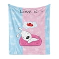 thumbnail image 1 of Dog Soft Flannel Fleece Throw Blanket, Puppy Dreaming on the Sofa Heart Background Valentine Theme Artwork, Cozy Plush for Indoor and Outdoor Use, 60" x 80", Blue Pink White, by Ambesonne, 1 of 5