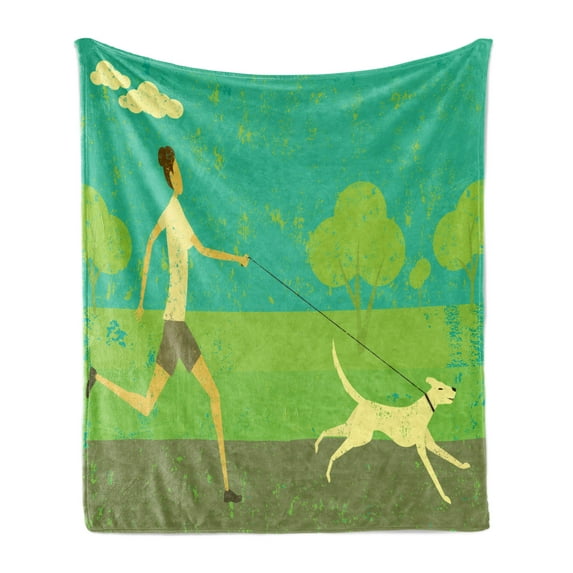 Dog Soft Flannel Fleece Throw Blanket, Woman Running with Her House Pet on Grunge Worn out Background, Cozy Plush for Indoor and Outdoor Use, 50" x 60", Sea Green Taupe, by Ambesonne