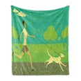 thumbnail image 1 of Dog Soft Flannel Fleece Throw Blanket, Woman Running with Her House Pet on Grunge Worn out Background, Cozy Plush for Indoor and Outdoor Use, 50" x 70", Sea Green Taupe, by Ambesonne, 1 of 5