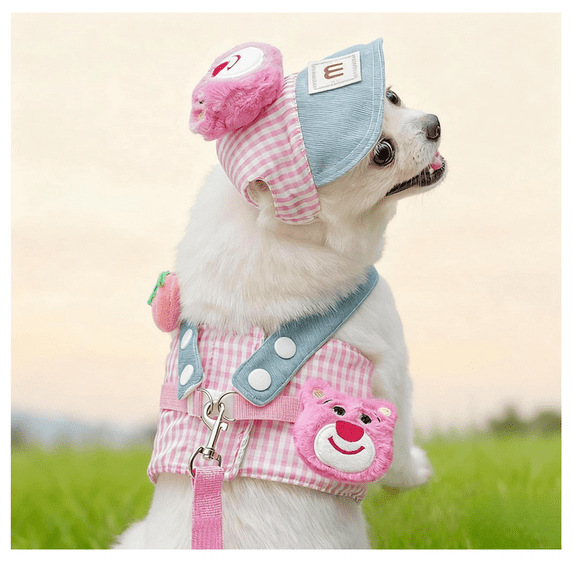 Dog Soft Harness with Hat Set, Adjustable Safety Buckle and Leash Attachment (Pink,XS)