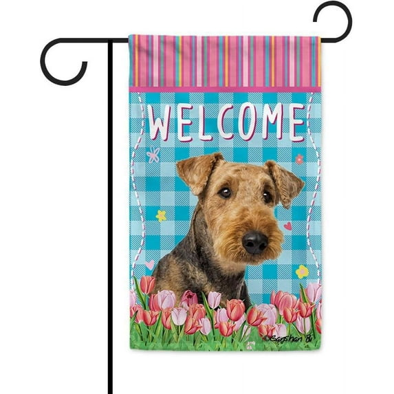 Dog Spring Summer Welcome Garden Flag Airedale Tulip Flowers Blue Buffalo Plaid Outside Yard Decor Flag Banner 12.5X18 Inch Double Side Style 1