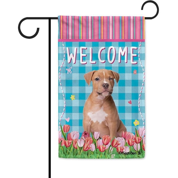 Dog Spring Summer Welcome Garden Flag American Staffordshire Terrier Tulip Flowers Blue Buffalo Plaid Outside Yard Decor Flag Banner 12.5X18 Inch Double Side Style 2