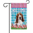 thumbnail image 1 of Dog Spring Summer Welcome Garden Flag Basset Hound Tulip Flowers Blue Buffalo Plaid Outside Yard Decor Flag Banner 12.5X18 Inch Double Side Style 1, 1 of 6
