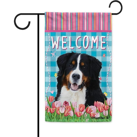Dog Spring Summer Welcome Garden Flag Bernese Tulip Flowers Blue Buffalo Plaid Outside Yard Decor Flag Banner 12.5X18 Inch Double Side Style 1