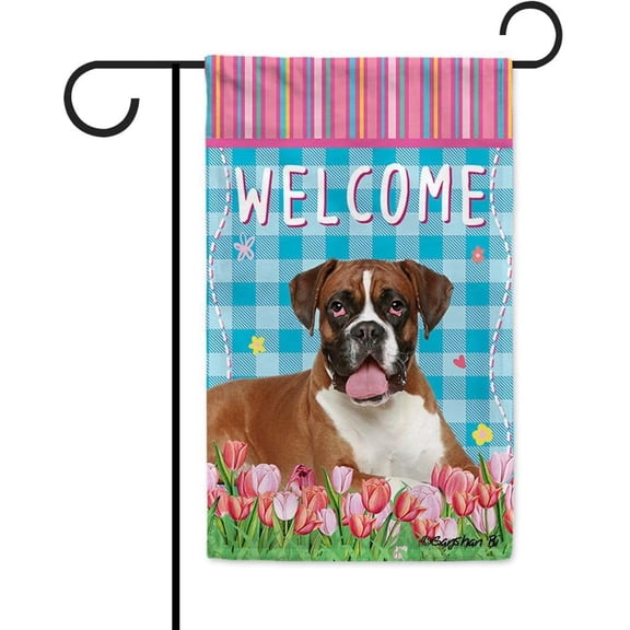 Dog Spring Summer Welcome Garden Flag Boxer Tulip Flowers Blue Buffalo Plaid Outside Yard Decor Flag Banner 12.5X18 Inch Double Side Style 2