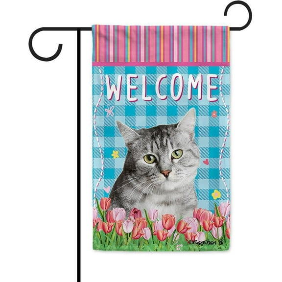Dog Spring Summer Welcome Garden Flag Cat Tulip Flowers Blue Buffalo Plaid Outside Yard Decor Flag Banner 12.5X18 Inch Double Side Style 2