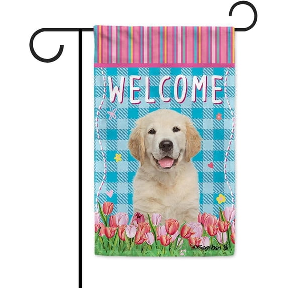 Dog Spring Summer Welcome Garden Flag Golden Retriever Tulip Flowers Blue Buffalo Plaid Outside Yard Decor Flag Banner 12.5X18 Inch Double Side Style 1