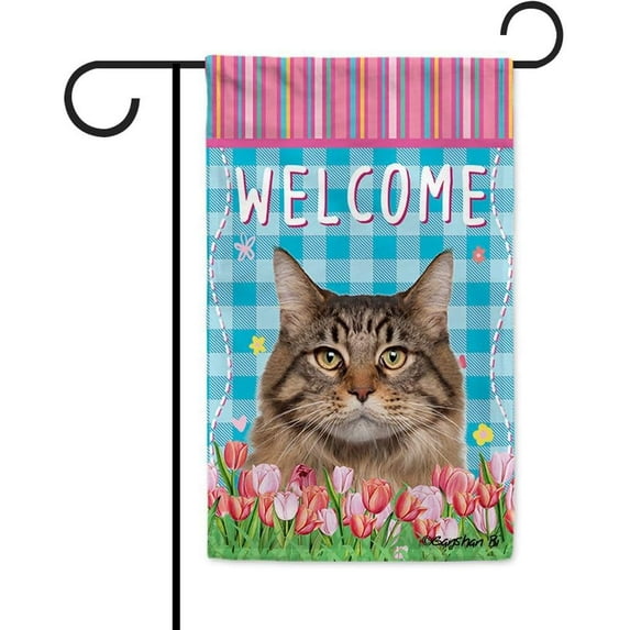 Dog Spring Summer Welcome Garden Flag Maine Cooncat Cat Tulip Flowers Blue Buffalo Plaid Outside Yard Decor Flag Banner 12.5X18 Inch Double Side Style 1