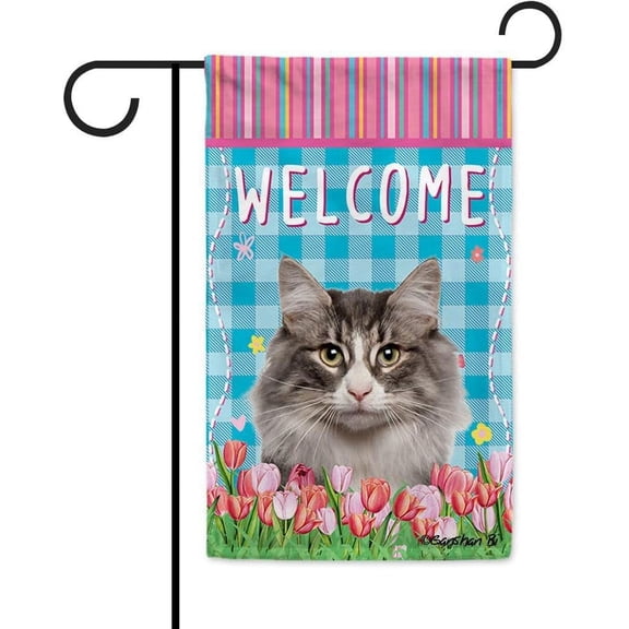 Dog Spring Summer Welcome Garden Flag Norway Forest Cat Tulip Flowers Blue Buffalo Plaid Outside Yard Decor Flag Banner 12.5X18 Inch Double Side Style 1