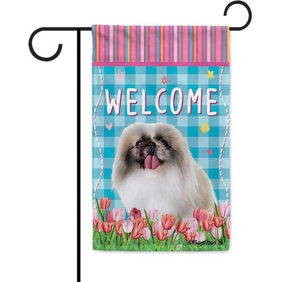 Dog Spring Summer Welcome Garden Flag Pekingese Tulip Flowers Blue Buffalo Plaid Outside Yard Decor Flag Banner 12.5X18 Inch Double Side Style 3