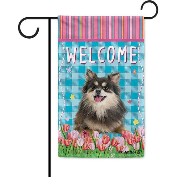 Dog Spring Summer Welcome Garden Flag Pomeranian Tulip Flowers Blue Buffalo Plaid Outside Yard Decor Flag Banner 12.5X18 Inch Double Side Style 2