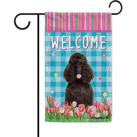 Dog Spring Summer Welcome Garden Flag Poodle Tulip Flowers Blue Buffalo Plaid Outside Yard Decor Flag Banner 12.5X18 Inch Double Side Style 4