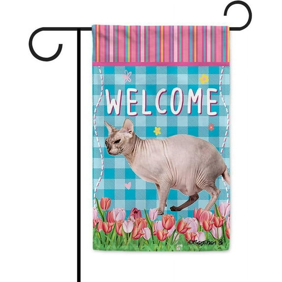 Dog Spring Summer Welcome Garden Flag Sphynx Cat Tulip Flowers Blue Buffalo Plaid Outside Yard Decor Flag Banner 12.5X18 Inch Double Side Style 2