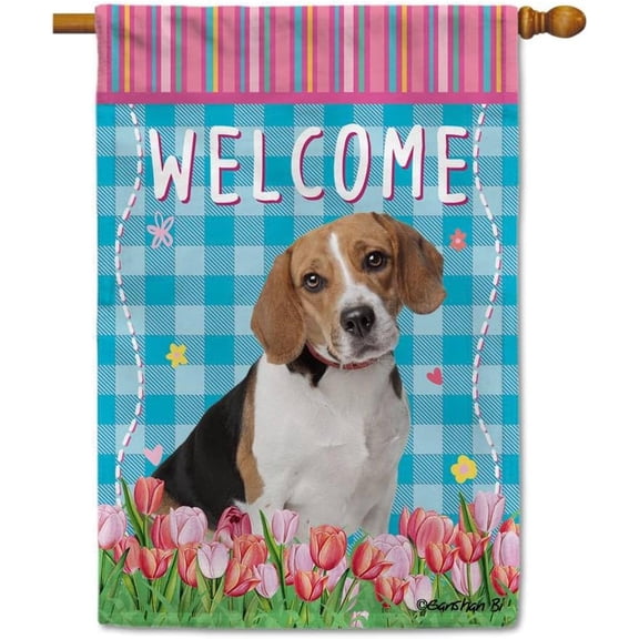 Dog Spring Summer Welcome House Flag Beagle Tulip Flowers Blue Buffalo Plaid Outside Yard Decor Flag Banner 28X40 Inch Double Side Style 1