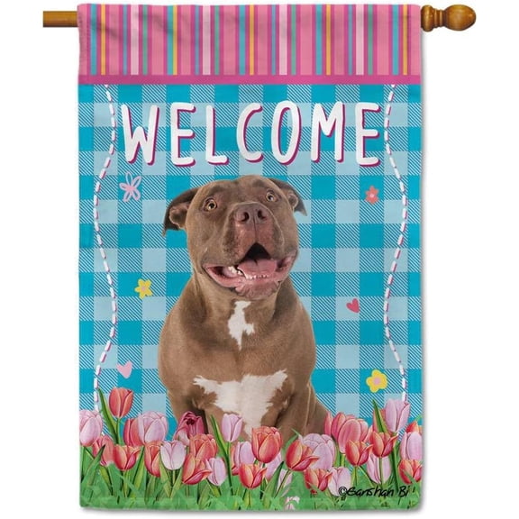Dog Spring Summer Welcome House Flag Pitbull Red Nose Tulip Flowers Blue Buffalo Plaid Outside Yard Decor Flag Banner 28X40 Inch Double Side Style 1