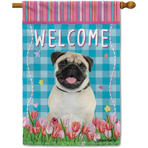 Dog Spring Summer Welcome House Flag Pug Tulip Flowers Blue Buffalo Plaid Outside Yard Decor Flag Banner 28X40 Inch Double Side Style 2