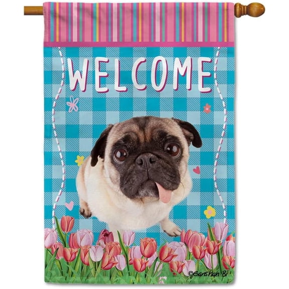 Dog Spring Summer Welcome House Flag Pug Tulip Flowers Blue Buffalo Plaid Outside Yard Decor Flag Banner 28X40 Inch Double Side Style 3