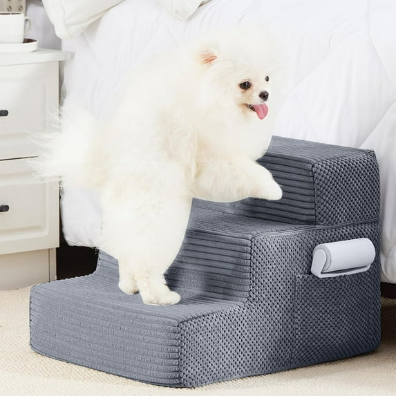 Dog Stairs for Bed 13.5''H, 3-Step Pet Stairs for Small Dogs & Cats, Sturdy Pet Steps with Non-Slip Bottom, Functional Portable Dog Ramp for Couch/Chair/Sofa/Car, with Storage Pocket, Grey
