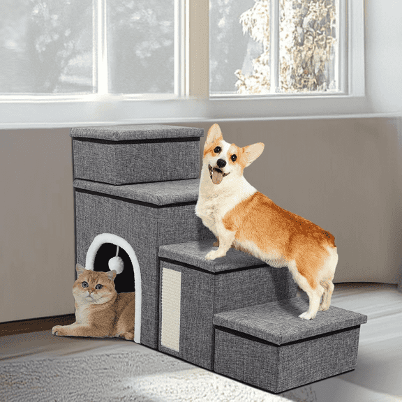Dog Stairs for Bed and Couch 23H, Foldable Dog Stairs for Small Older Dogs, 4 in 1 Adjustable Pet Cat Steps Ramps with Storage, Condo, Cat Scratcher, Hold Up to 180LBS, 4 Steps