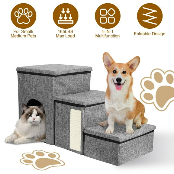 Dog Stairs for Bed and Couch 42cm H, Foldable Dog Stairs for Small Older Dogs Cats, 4 in 1 Adjustable Pet Cat Stairs Steps with Storage, Dog Ramps with Condo, Cat Scratcher, Hold Up to 180LBS