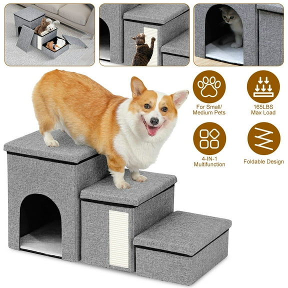 Dog Stairs for Bed and Couch, Foldable Dog Stairs for Small Older Dogs Cats, 4 in 1 Adjustable Pet Cat Stairs Steps with Storage, Dog Ramps with Condo, Cat Scratcher, Hold Up to 180Lbs