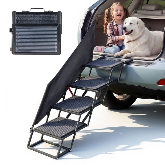 Dog Stairs for Car, 4 Steps Extra Wide Foldable Dog Ramp for Large Dogs with Non-Slip Rug Surface, Portable Lightweight Pet Ladder for Car, SUV, Truck, High Beds, Sofas, Support up to 400 lbs