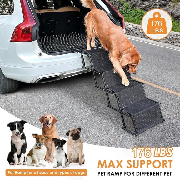 Dog Stairs for Car, Foldable Dog Ramps for Large Dogs with Non Slip Surface, Portable Dog Steps for Cars and SUV, Truck, Support Up to 150 lbs (4 Steps)