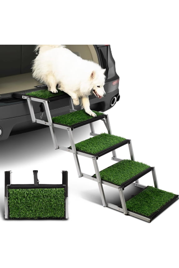 Dog Stairs for Car, Portable Folding Dog Ramps,Dog Steps for Large Dogs with Non-Slip Grass Rug for Cars, SUV, Trucks, Lightweight Pet Ramp Supports Up to 200 lb, 5 Steps