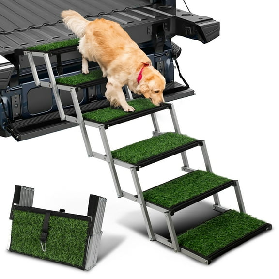 Dog Stairs for Car, Portable Folding Dog Ramps,Dog Steps for Large Dogs with Non-Slip Grass Rug for Cars, SUV, Trucks, Lightweight Pet Ramp Supports Up to 200 lb, 6 Steps