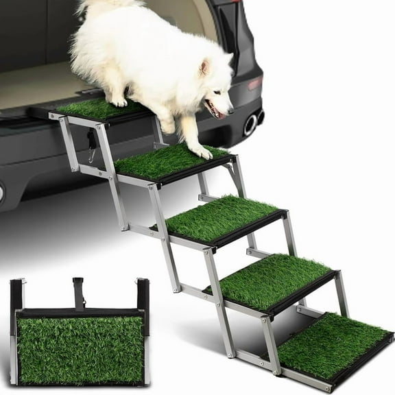 Dog Stairs for Car, Portable Folding Dog Steps with Non-Slip Grass Rug for Cars, SUV, Trucks for Large Dogs, Lightweight Pet Ramps Supports Up to 200 lbs
