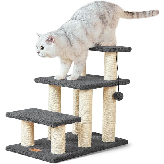 Dog Stairs & Cat Scratching Post Pet Steps for High Beds Couch, High-Strength Boards Holds up to 150 lbs for Indoor Small Cats Kittens Dogs Climbing Playing, 3 Combination Options, 3 Steps-Grey