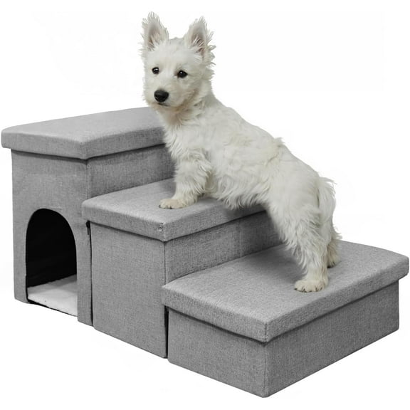 Dog Stairs for High Bed 18" H,Foldable Pet Stairs for Small Medium or Large Dogs Puppy with Storage for Bed or Couch, 3-Step Cat Dog Steps Ramp for High Bed