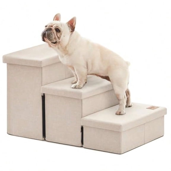 Dog Stairs For High Bed 18 HFoldable Pet Stairs For Small Medium Or Large Dogs Puppy With Storage For Bed Or Couch Cat Dog Steps Ramp With Zip Up To 200 Lbs Beige 3 Steps No Condo