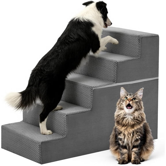 Dog Stairs for Medium Dogs, 5-Steps Non-Slip Balanced Extra Wide Indoor Foldable Dog Steps with Density Foam & Washable Cover, Cat Puppy Old Pet Stairs for High Bed, Couch, Sofa - Grey, 27" H