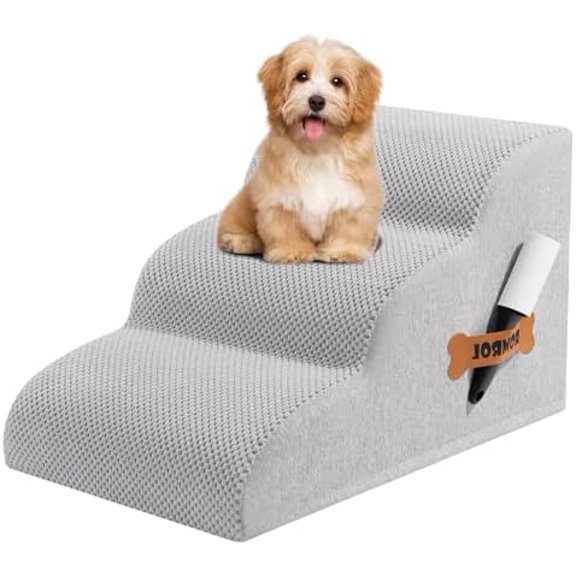 Dog Stairs Ramp for Beds Couches, Extra Wide Pet Steps with Durable Non-Slip Waterproof Fabric Cover, Dog Slope Stairs for Small Dogs and Cats or Pets Friendly, 3-Tiers, 13 Inch,Light Grey