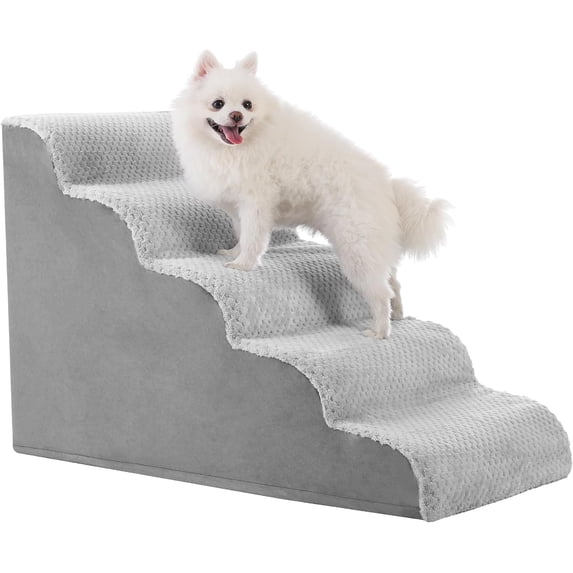 Dog Stairs Ramp, Curved 5-Step Dog Steps for Small Dogs and Cats, Pet Stairs for High Beds and Couch with Anti-Slip Washable Cover and Durable High Density Foam, Grey
