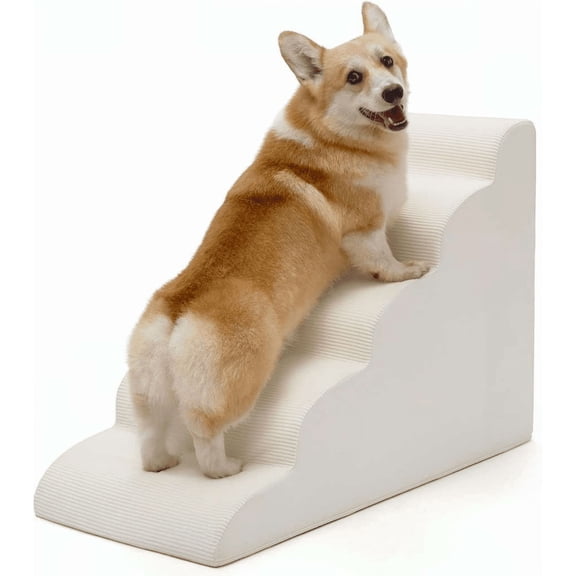 Dog Stairs Ramp for High Bed 5 Steps Beige Joint-Friendly with Non-Slip Bottom