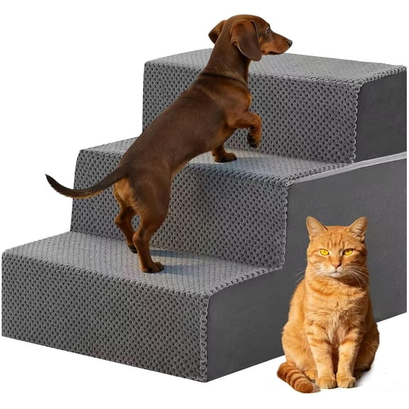 Dog Stairs for Small Dogs, 3-Steps Non-Slip Balanced Indoor Foldable Dog Steps with Density Foam & Washable Cover, Cat Puppy Old Pet Stairs for High Bed, Couch, Sofa - Grey, 18" H
