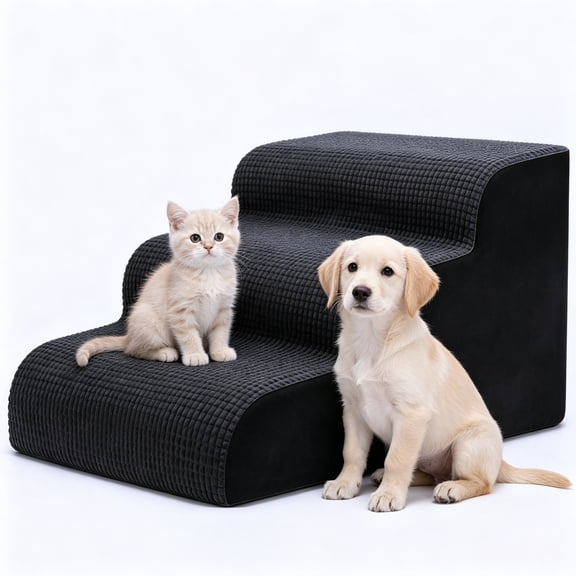 Pet Stairs, 3 Step High Density Foam Dog Steps for Small Dogs & Cats, Non Slip Pet Ramp with Removable Cover, Dog Stairs for Couch, Bed, Sofa
