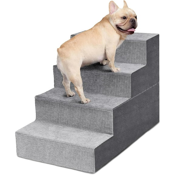 Dog Stairs for Small Dogs, 4-Step Dog Steps for High Bed and Couch, High-Density Foam Pet Steps with Supporting Board, Non-Slip Removable Washable Cover, Grey, 18" High