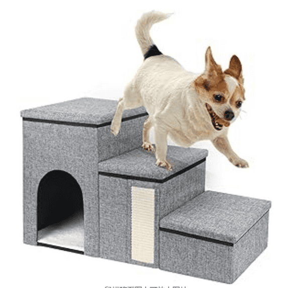 Dog Stairs for Small Dogs, Foldable Pet Stairs for Couch/Bed with Storage Box, Condo and Cat Scratcher, Adjustable Non-Slip Dog Steps for Puppy, Cats, or Small (3-Step,17" H)