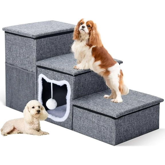 Dog Stairs for Small Dogs, Foldable Pet Steps for High Bed, Non-Slip 3-Step Cat Stairs with Storage, Condo and Fluffy Ball, Large Dog Indoor Ramp for Couch Window, Up to 180 Lbs, 16.7'' H