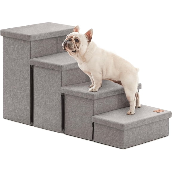 Dog Stairs for Small Medium or Large Dogs with Storage and Adjustable Steps, Foldable Cat Steps for Bed or Couch, 4-Step Gray Folding Ramp with Zip up to 200 lbs, Solid Grey