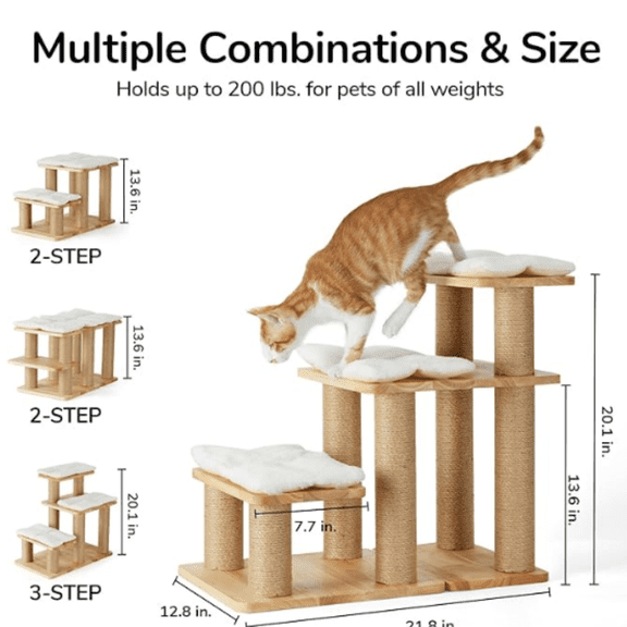 Dog Stairs, Solid Wood Pet Stairs with Cat Scratching Post, Transformable Cat Ramp Can Hold Up to 200 lbs, 20 Inch Pet Steps for Dogs and Cats to Climb High Bed and Couch, Over 6 Combinations