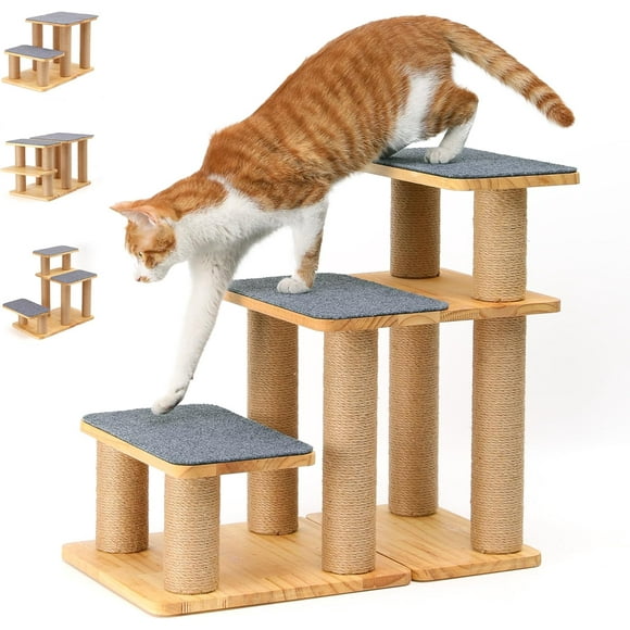 Dog Stairs, Solid Wood Pet Stairs with Cat Scratching Post, Transformable Cat Ramp Can Hold Up to 200 lbs, 20 Inch Pet Steps for Dogs and Cats to Climb High Bed and Couch, Over 6 Combinations